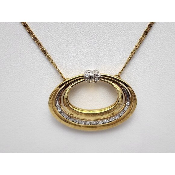 Vintage 18K Two Tone Multi Color Gold Diamond Oval Pendant Link Chain Necklace - Picture 10 of 16